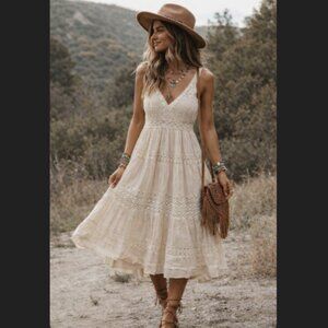 Cream Prairie Maxi Dress Crochet Lace Romantic Boho Coastal Cowgirl Beach Medium